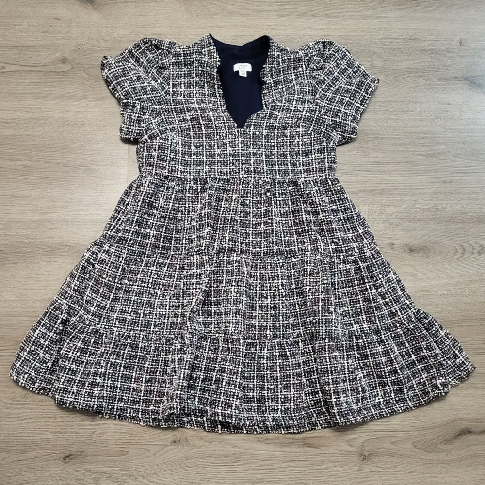 Crown & Ivy Petite Tweed Tiered Dress XS Short‎ Sleeve V Neck Navy Pink Multi